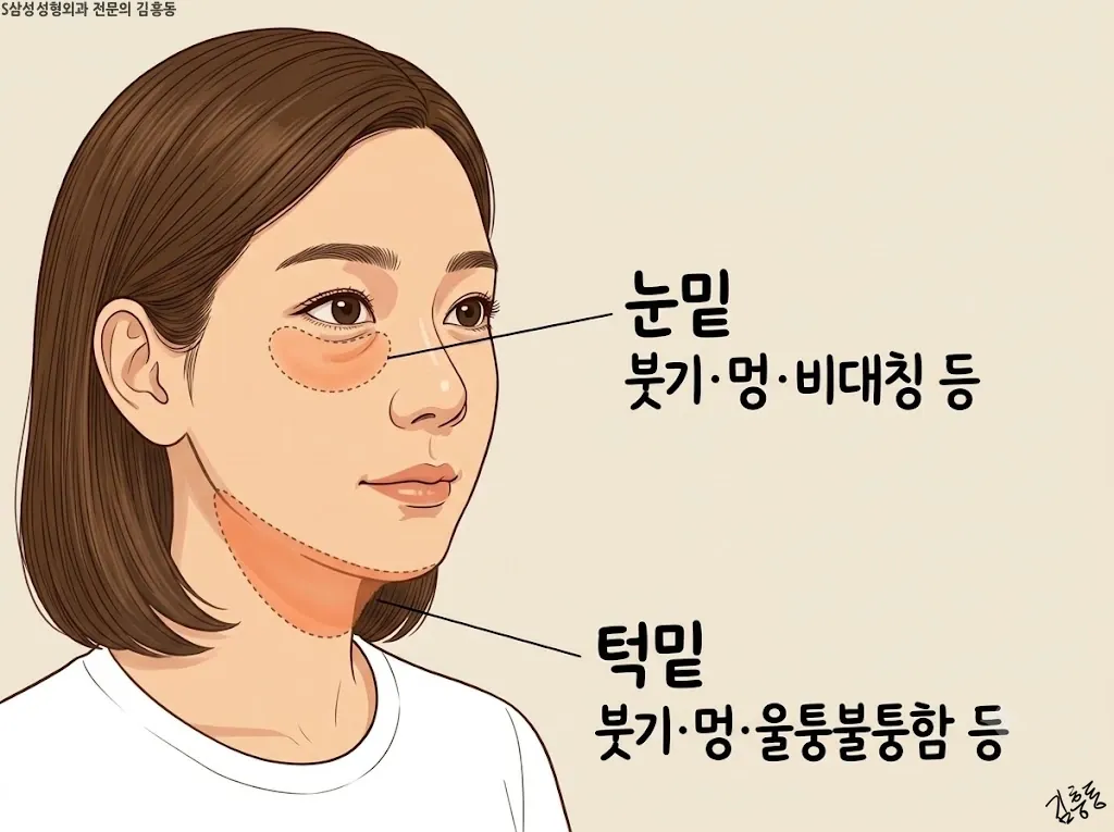 눈밑과 턱밑 수술 뒤 부기와 비대칭을 확인하는 부위 비교