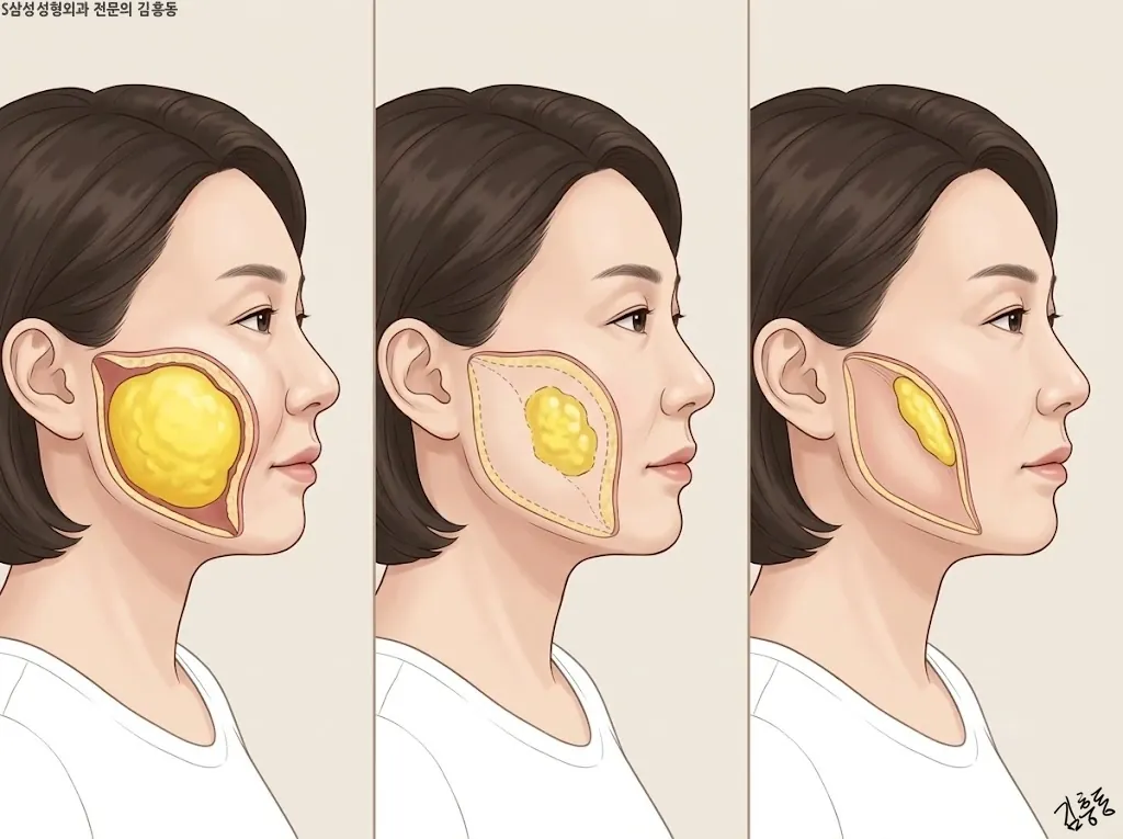 볼에 넣은 지방이 시간이 지나며 일부 줄어드는 모습을 나란한 세 단계 단면으로 그린 일러스트