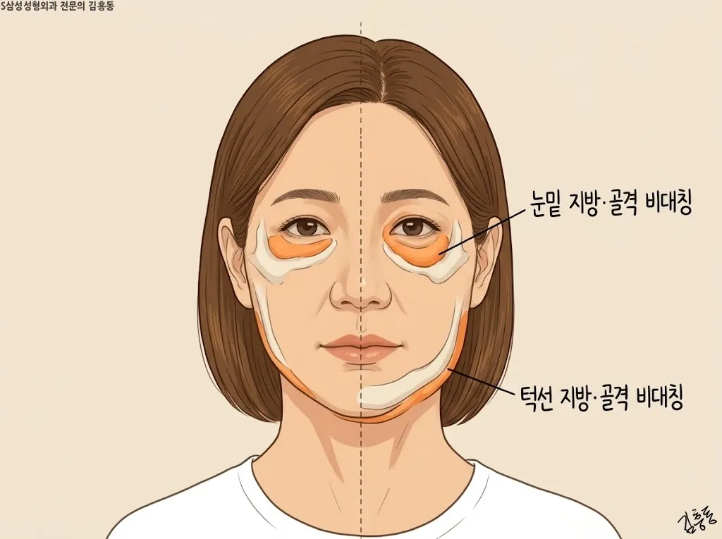 좌우 눈밑과 턱선의 지방·골격 차이를 비교하는 정면