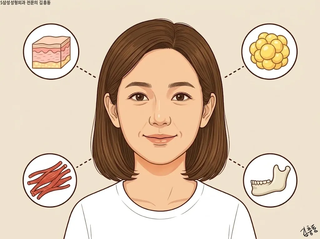얼굴 정면 일러스트 둘레에 지방 · 피부 · 근육 · 뼈를 뜻하는 작은 그림 기호 네 개가 둘러선 모습