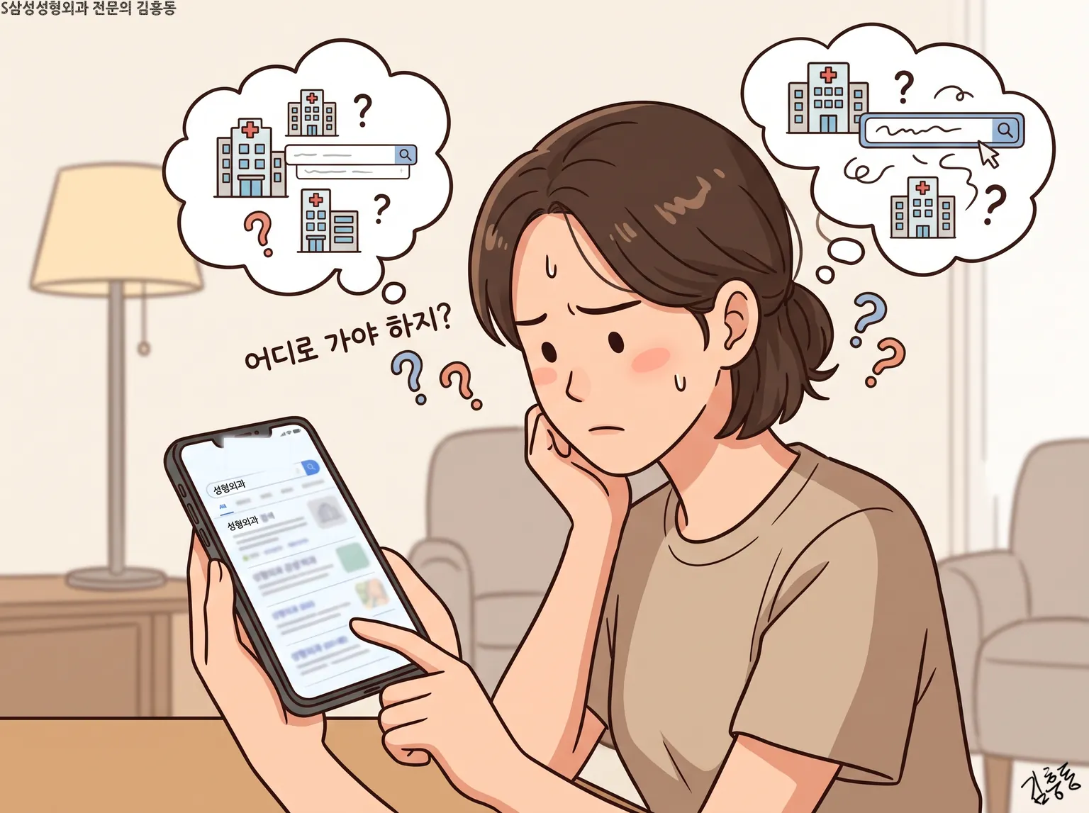 병원 건물과 검색창을 떠올리며 휴대전화를 보고 「어디로 가야 하지?」 고민하는 여성 모습