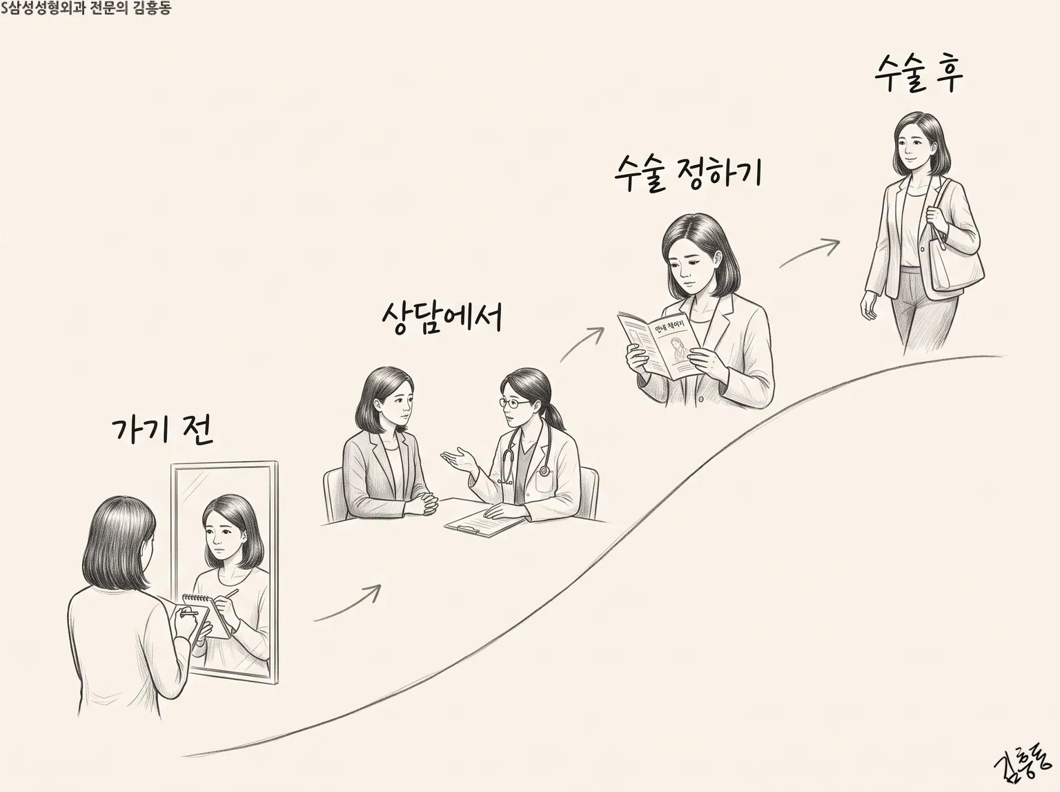 가기 전 · 상담에서 · 수술 정하기 · 수술 후로 이어지는 길을 걷는 여성을 그린 연필 그림