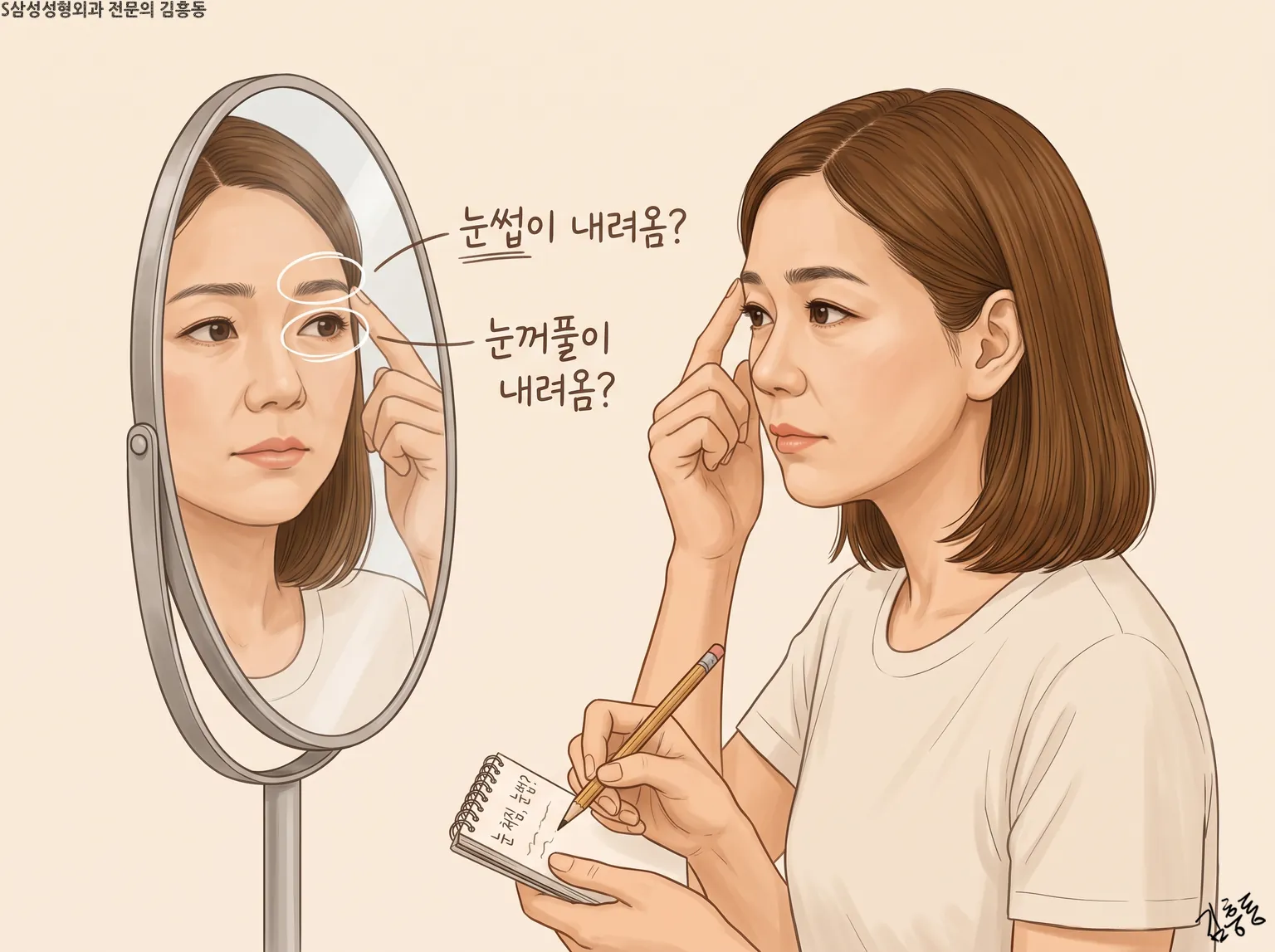 거울 앞에서 눈썹을 짚으며 「눈썹이 내려옴?」 「눈꺼풀이 내려옴?」을 수첩에 적는 여성 모습