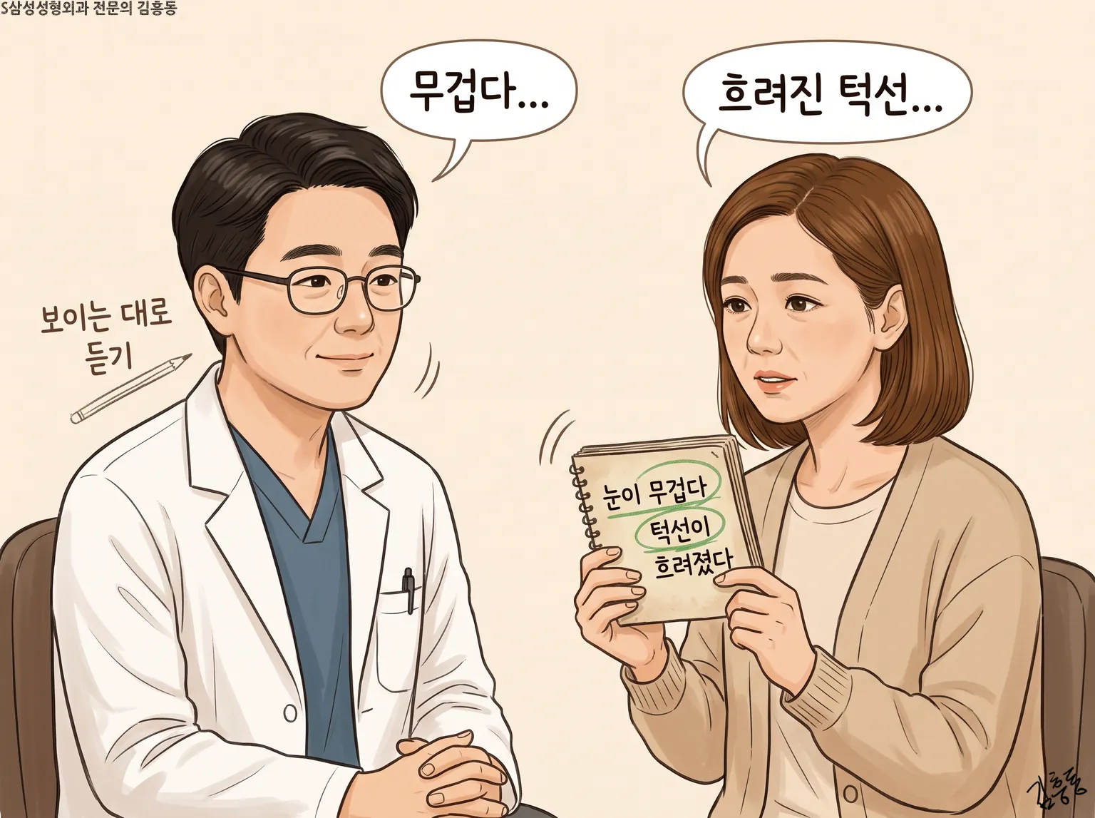 「눈이 무겁다」 「턱선이 흐려졌다」라고 적은 수첩을 펼쳐 보이는 여성과 듣는 의사 모습