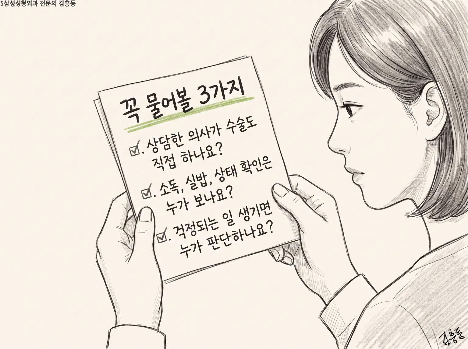 「꼭 물어볼 3가지」라는 제목의 체크 목록 쪽지를 두 손으로 들고 읽는 여성 연필 그림