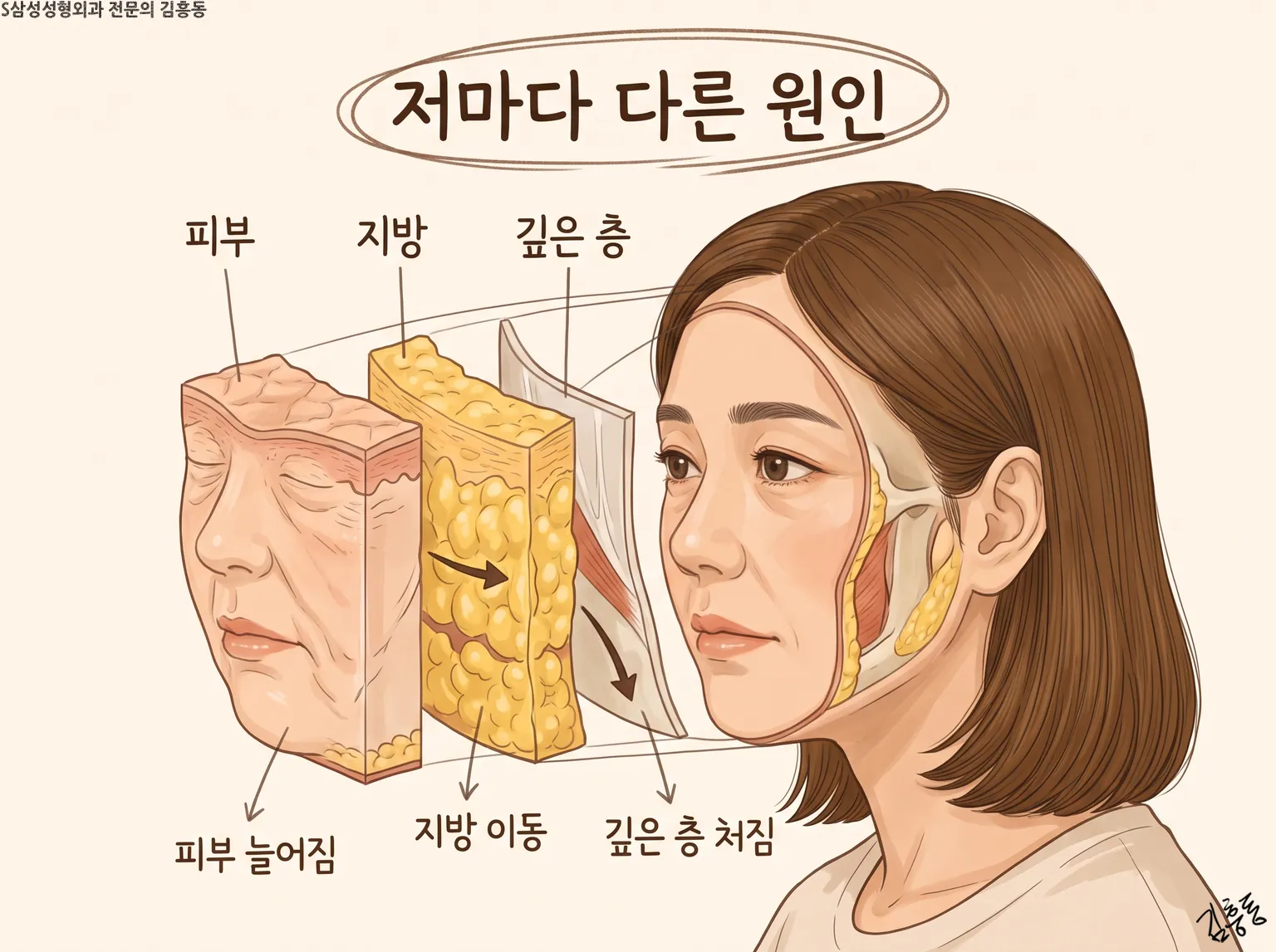 「저마다 다른 원인」이라는 제목이 적힌, 피부 늘어짐 · 지방 이동 · 깊은 층 처짐을 나눈 얼굴 층 그림
