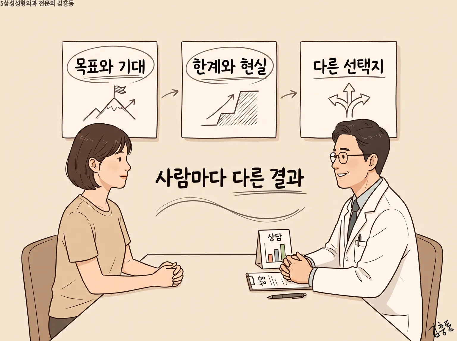 목표와 기대 · 한계와 현실 · 다른 선택지 세 장의 그림판 아래 마주 앉아 상담하는 두 사람 모습