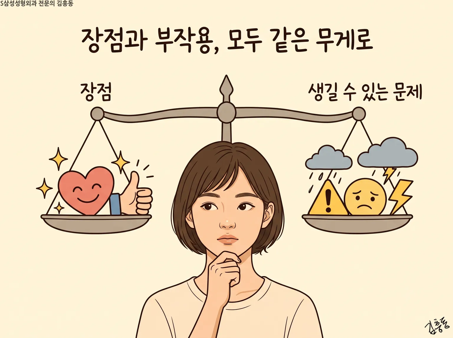 장점과 「생길 수 있는 문제」를 양쪽 접시에 올린 저울 아래에서 턱을 괴고 생각하는 여성 그림