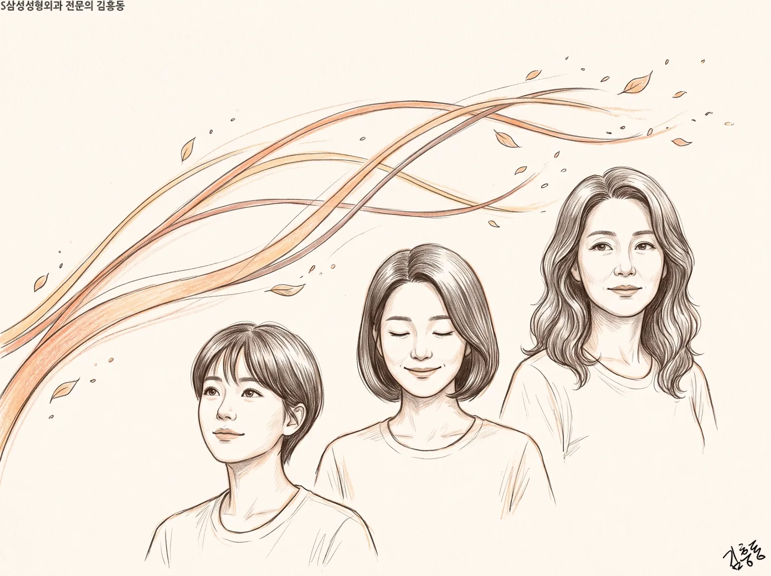 서로 다른 빠르기로 흐르는 곡선들 앞에 선 세 여성의 스케치 그림