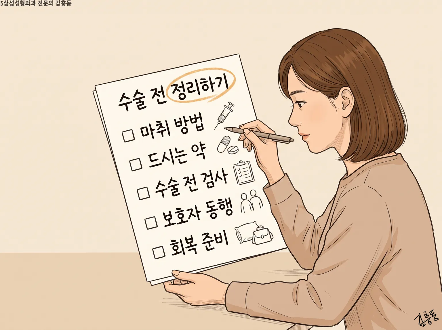 마취 방법 · 드시는 약 · 보호자 동행 등을 적은 「수술 전 정리하기」 목록을 든 여성 모습