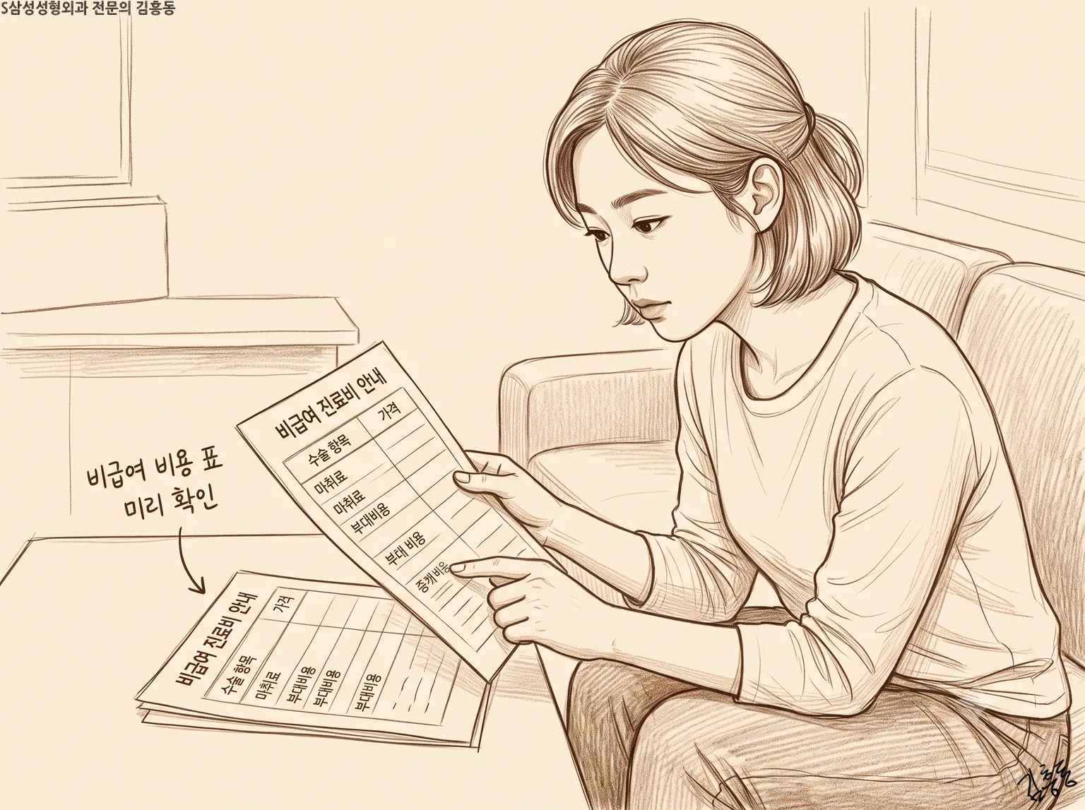소파에 앉아 「비급여 진료비 안내」 표의 항목을 손가락으로 짚어 보는 여성 연필 그림