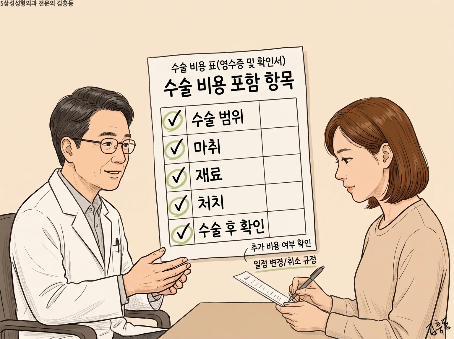 수술 범위 · 마취 · 재료 · 처치에 체크한 「수술 비용 포함 항목」 표 앞 상담 모습