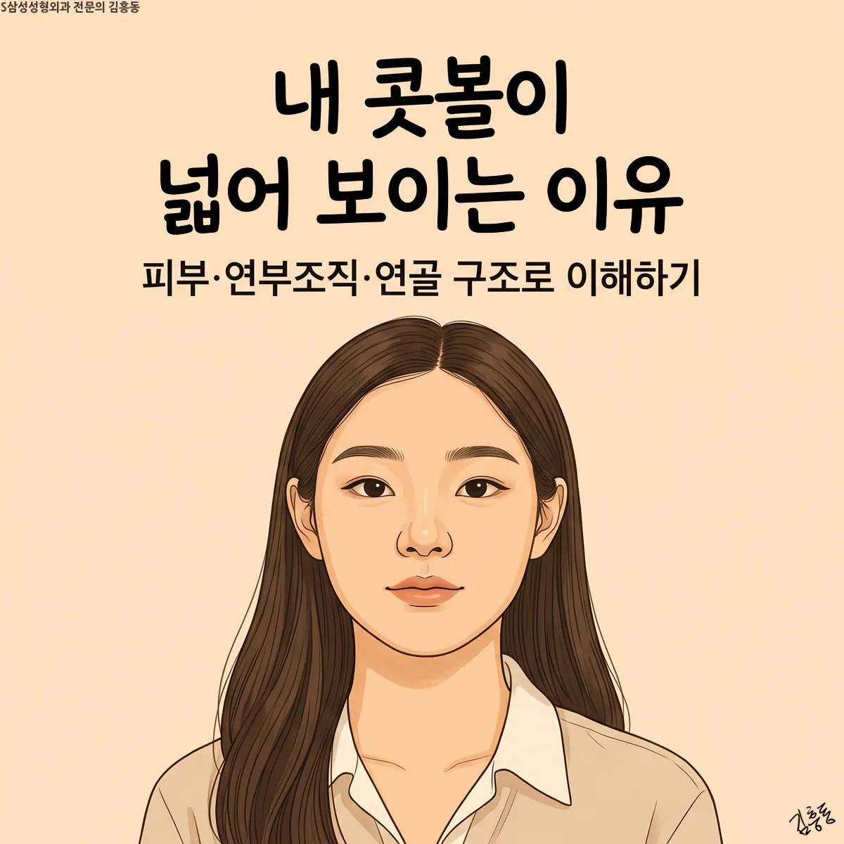 「내 콧볼이 넓어 보이는 이유」 · 「피부·연부조직·연골 구조로 이해하기」라는 제목이 적힌, 긴 머리 여성의 정면 얼굴 그림
