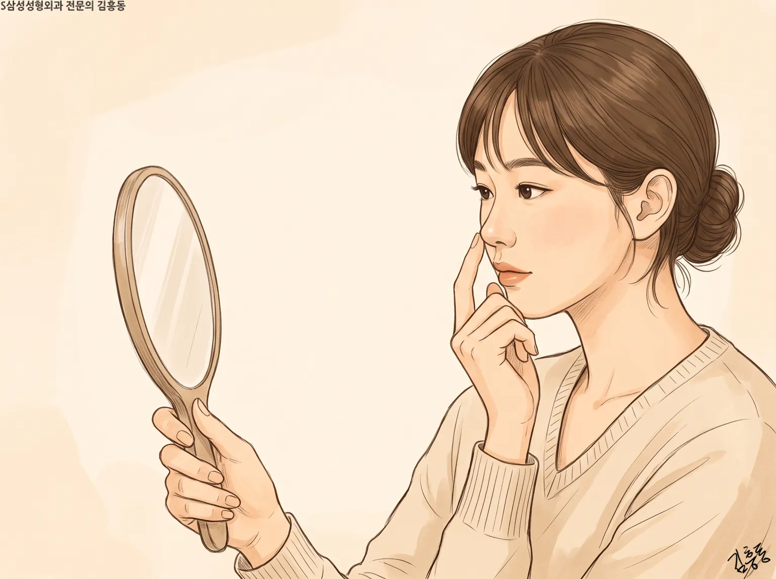 손거울을 들고 검지로 콧볼 옆을 살짝 짚어 보는 여성의 옆얼굴 그림