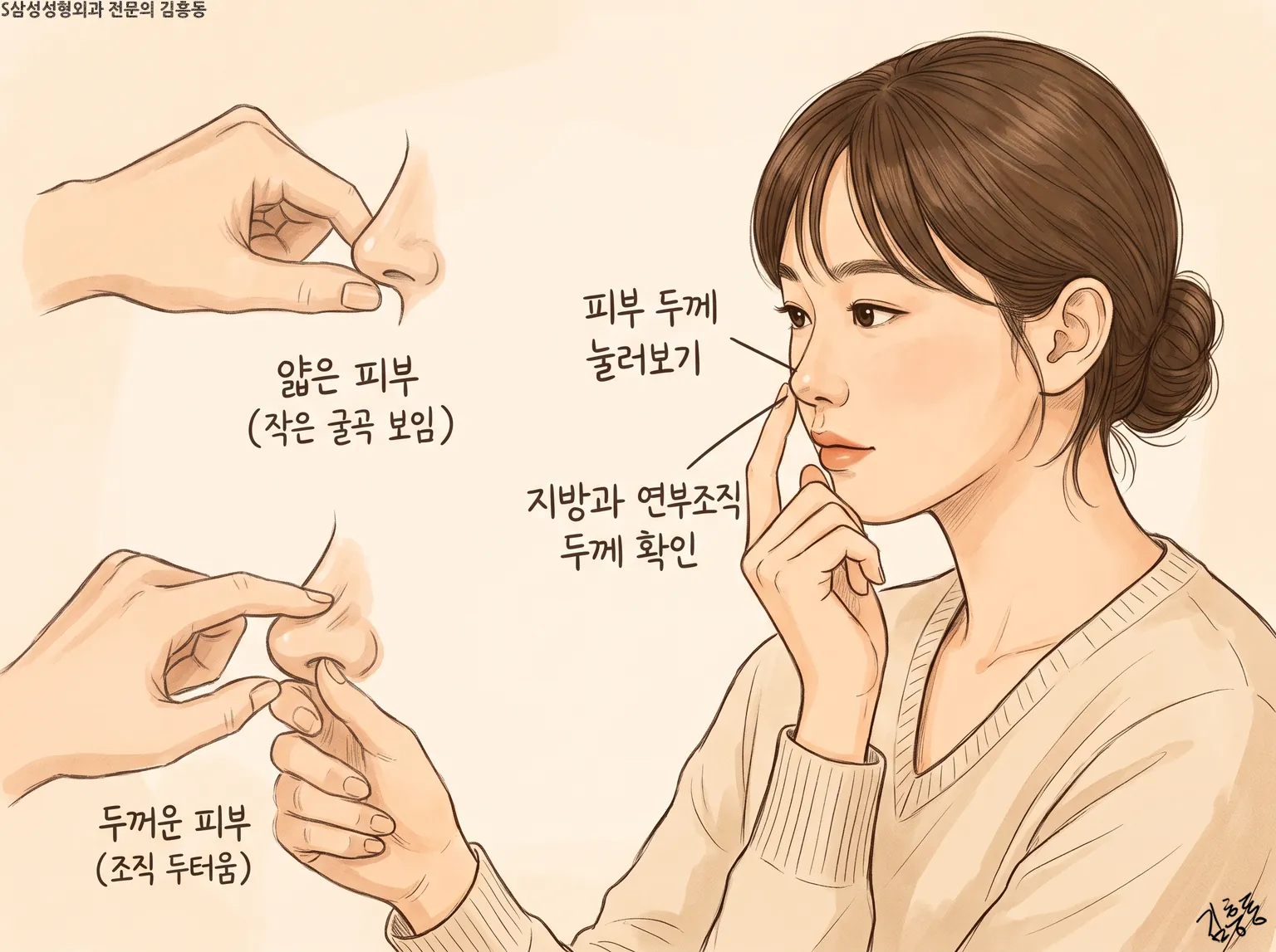 「얇은 피부」 · 「두꺼운 피부」 콧날개를 손끝으로 눌러 비교하고 옆에서 콧볼을 짚어 보는 여성 그림