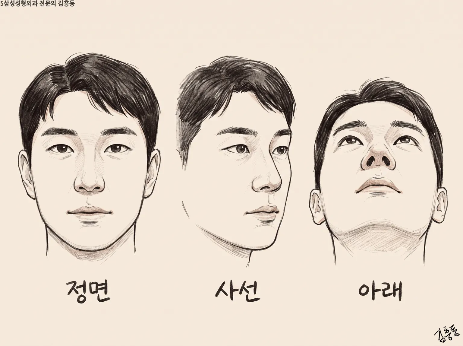 「정면」 · 「사선」 · 「아래」 세 방향에서 그린 같은 남성 얼굴 스케치 그림