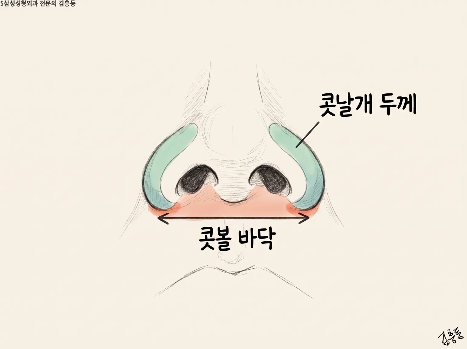 코 아래쪽에 「콧날개 두께」는 초록, 「콧볼 바닥」은 분홍으로 칠해 나눈 그림