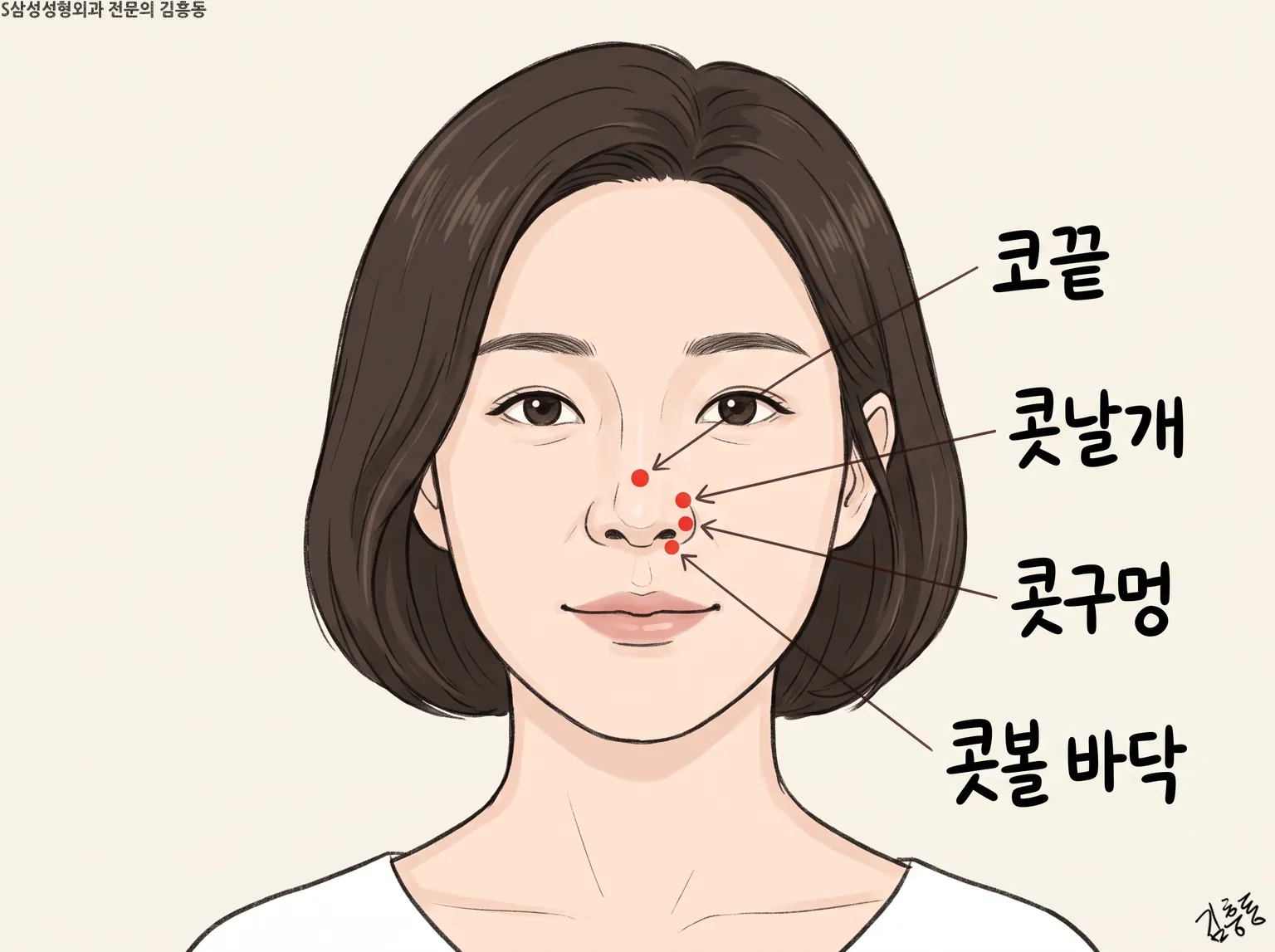 「코끝」 · 「콧날개」 · 「콧구멍」 · 「콧볼 바닥」 네 자리를 빨간 점으로 짚은 여성 얼굴 정면 그림