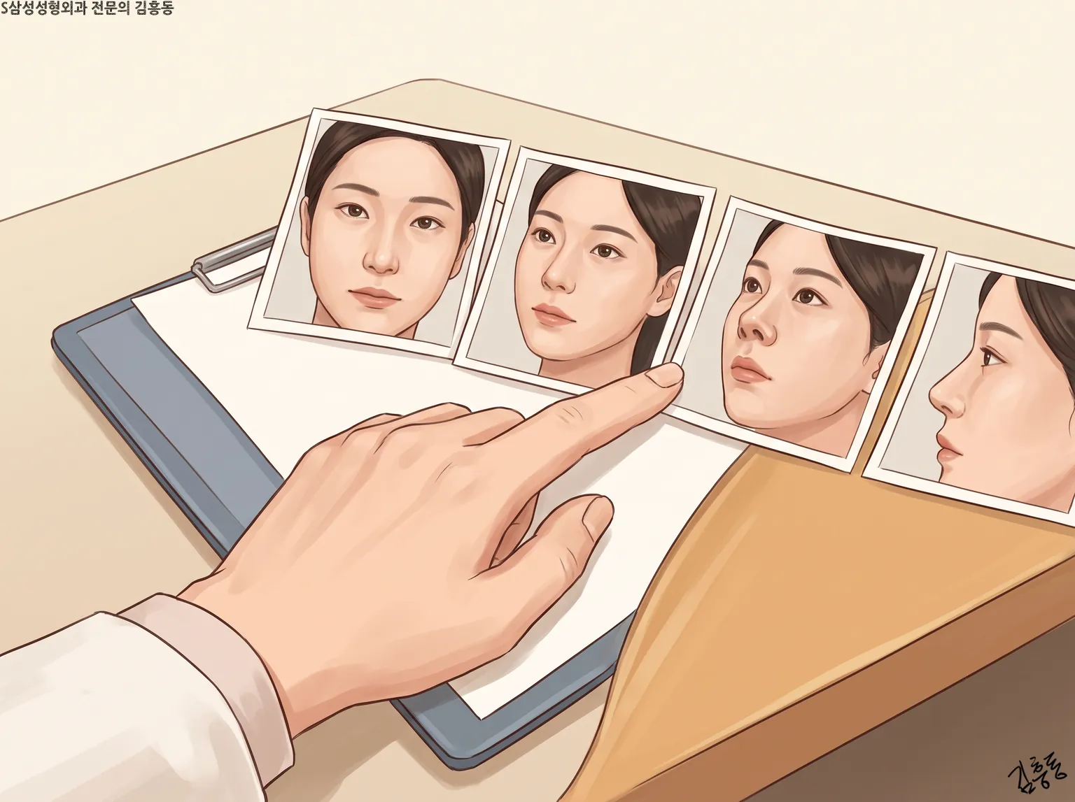 클립보드 위에 여러 각도의 얼굴 사진을 나란히 놓고 손가락으로 짚어 보는 모습