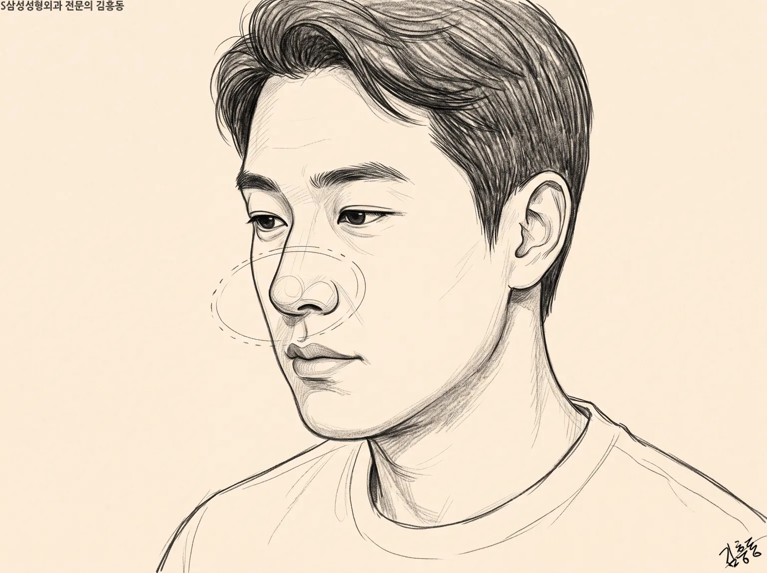 코 둘레에 옅은 점선 타원을 그린, 비스듬히 아래를 보는 남성 얼굴 연필 스케치