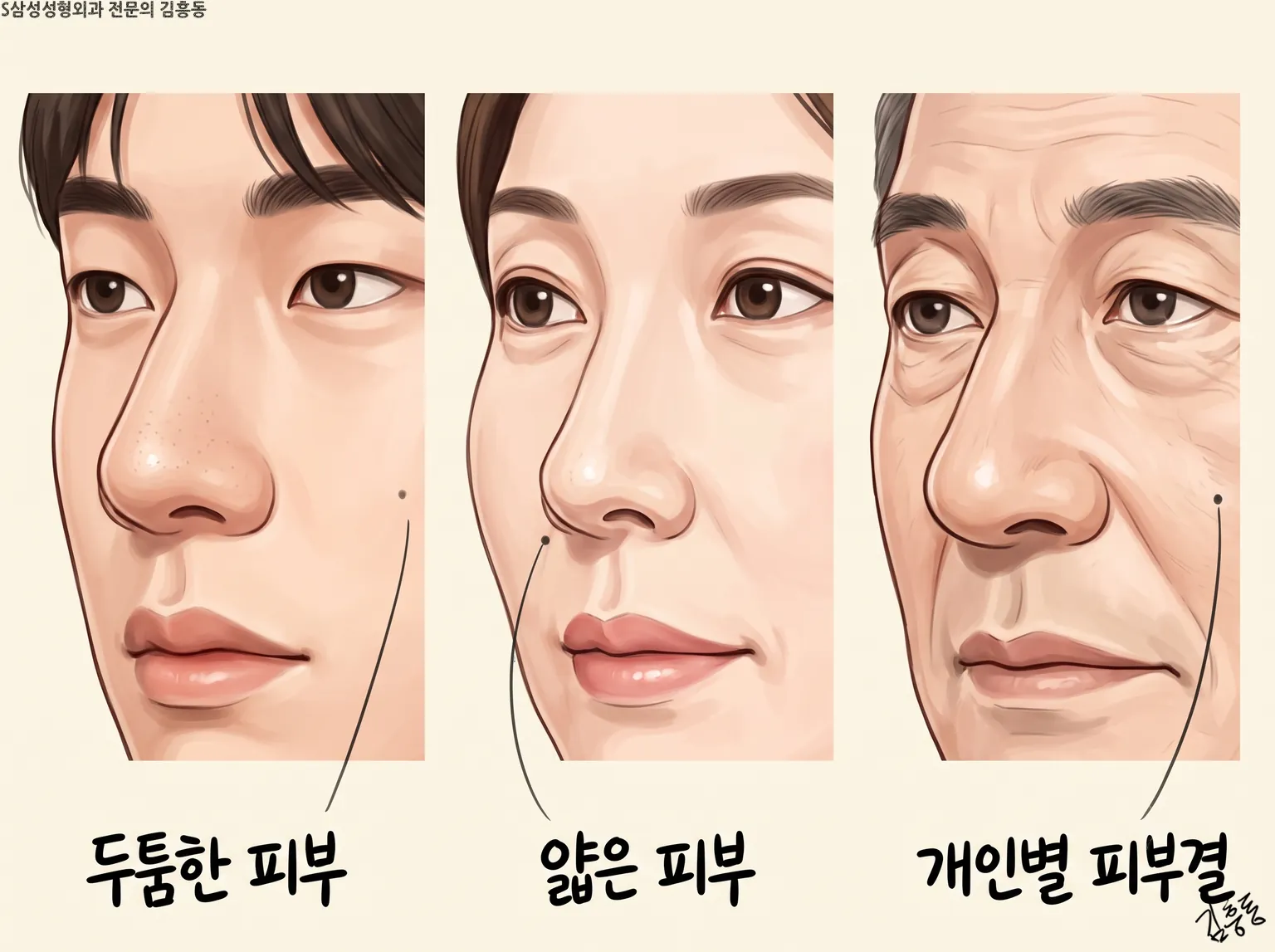 「두툼한 피부」 · 「얇은 피부」 · 「개인별 피부결」 이름표가 붙은 세 사람의 코 확대 그림
