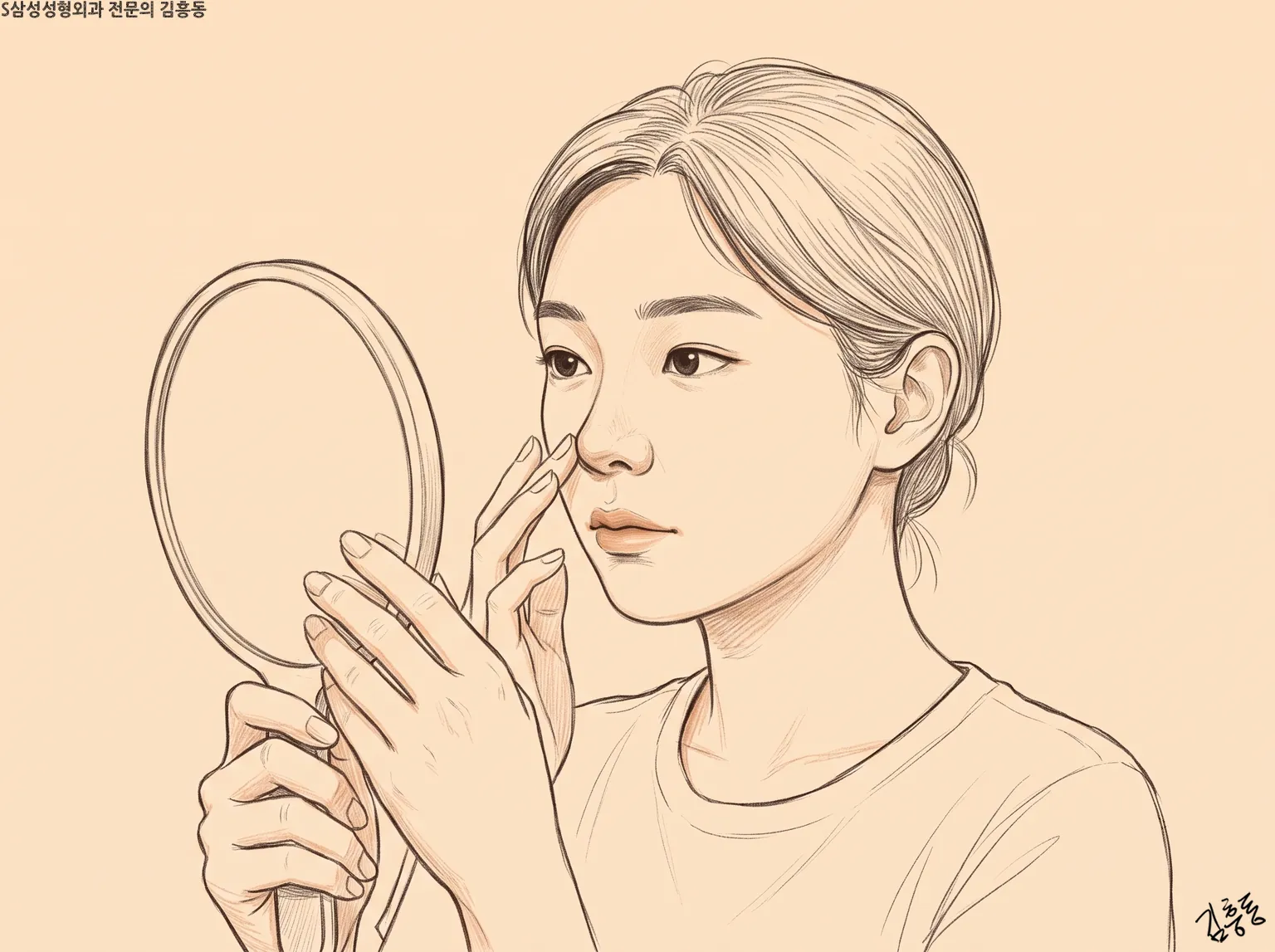 손거울을 들고 손끝으로 콧날개 옆을 만져 보는 여성의 연필 스케치