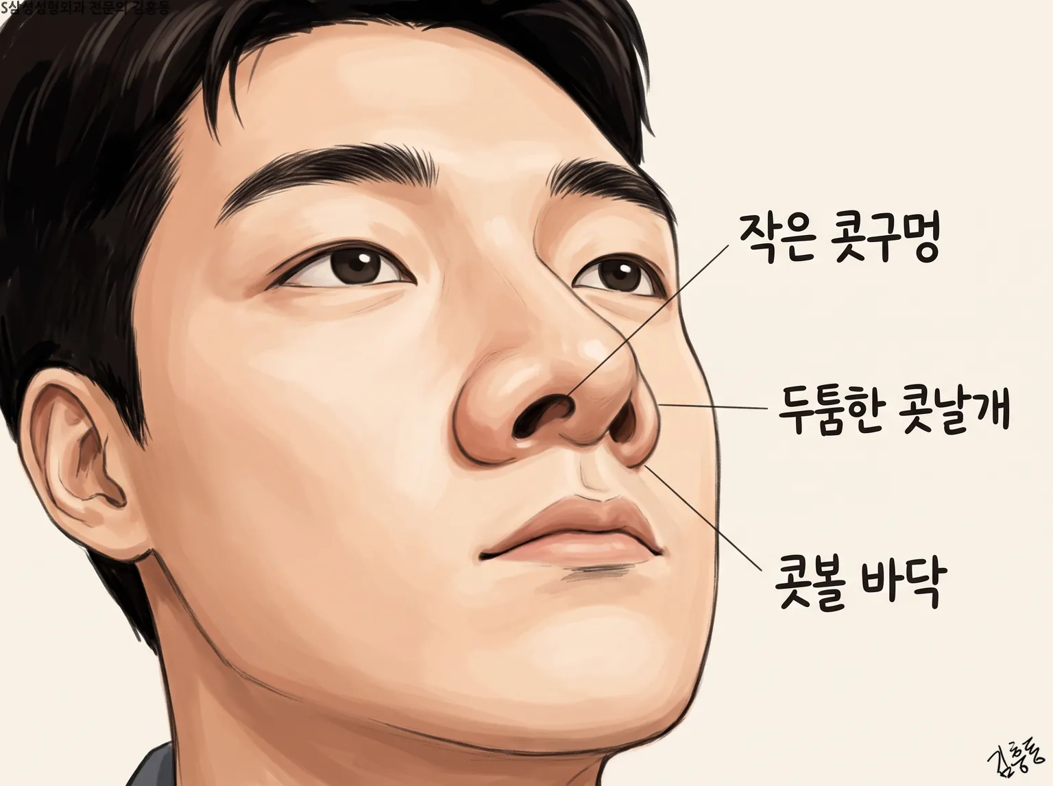 「작은 콧구멍」 · 「두툼한 콧날개」 · 「콧볼 바닥」 이름표가 붙은, 아래에서 올려다본 남성 코 그림