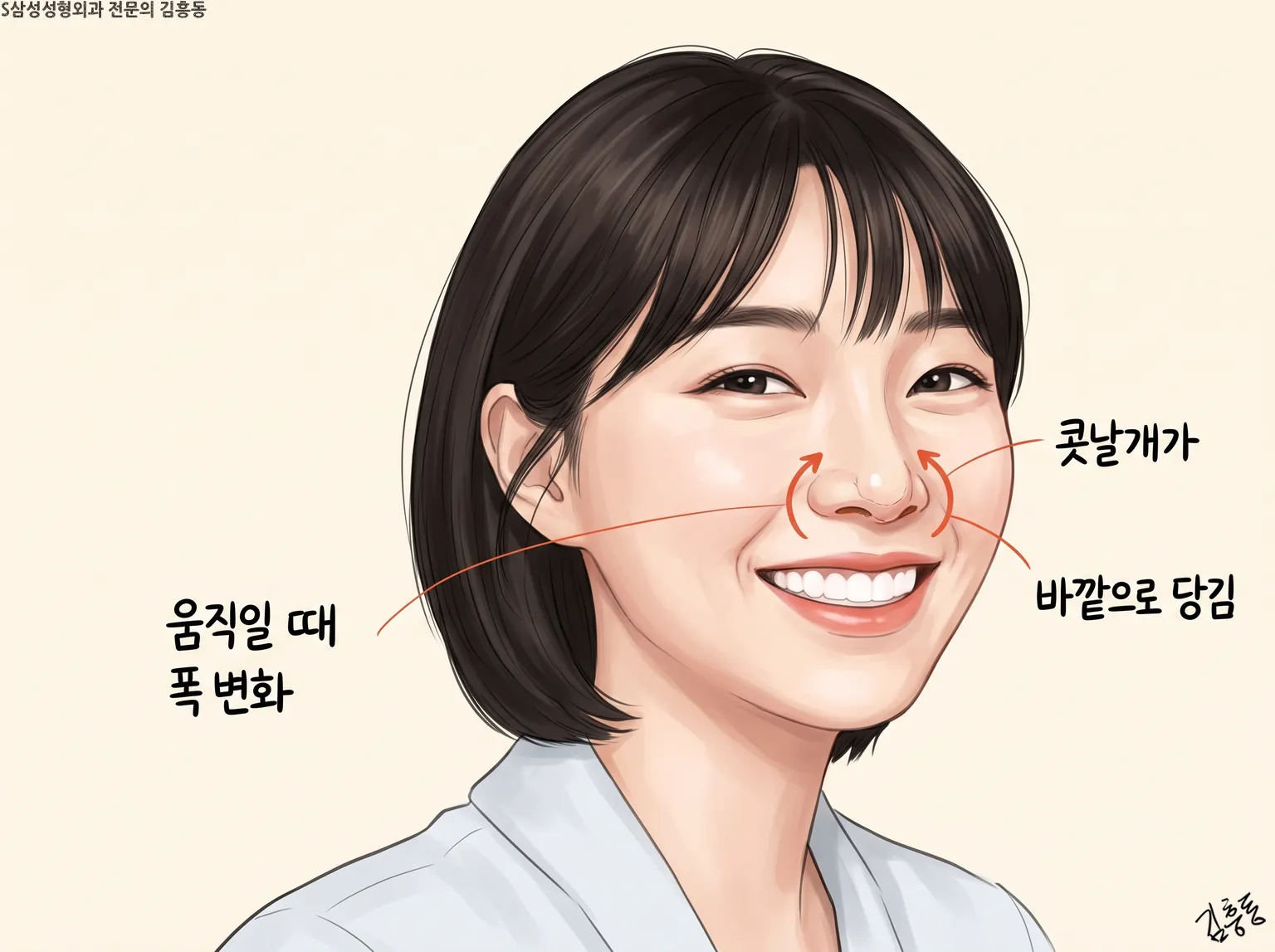 환하게 웃는 여성 얼굴에 「콧날개가 바깥으로 당김」 · 「움직일 때 폭 변화」 화살표를 그린 그림