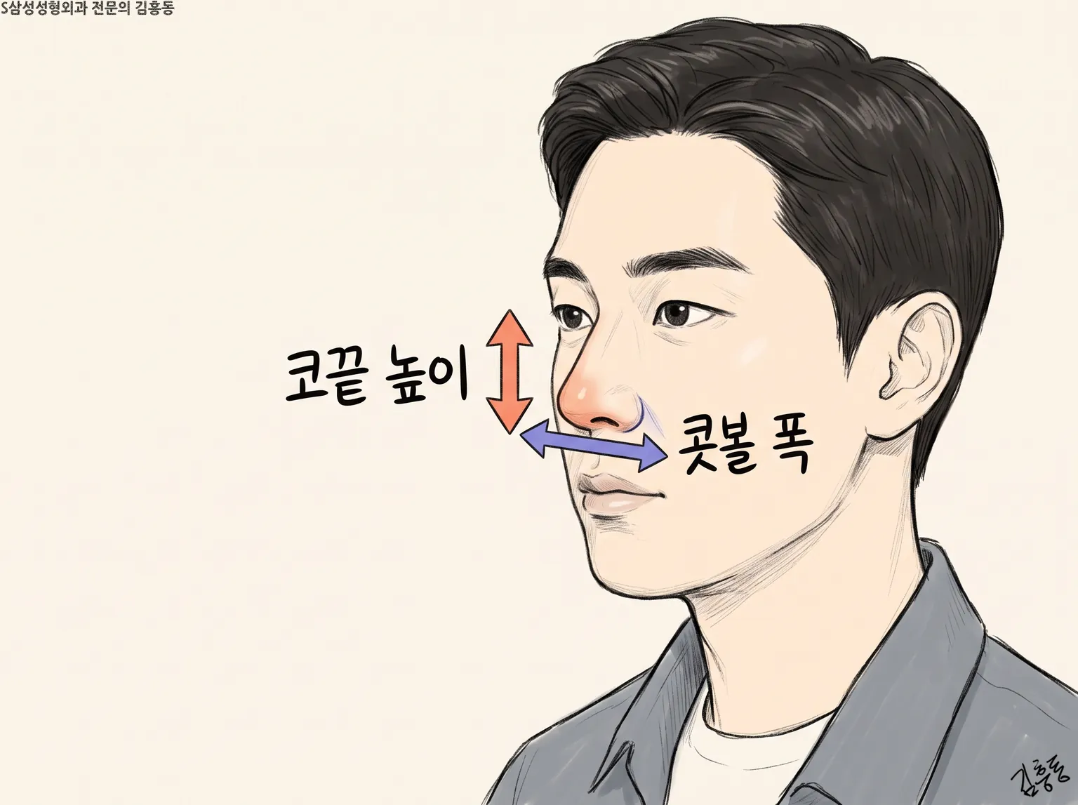「코끝 높이」 세로 화살표와 「콧볼 폭」 가로 화살표를 표시한 남성 옆얼굴 그림