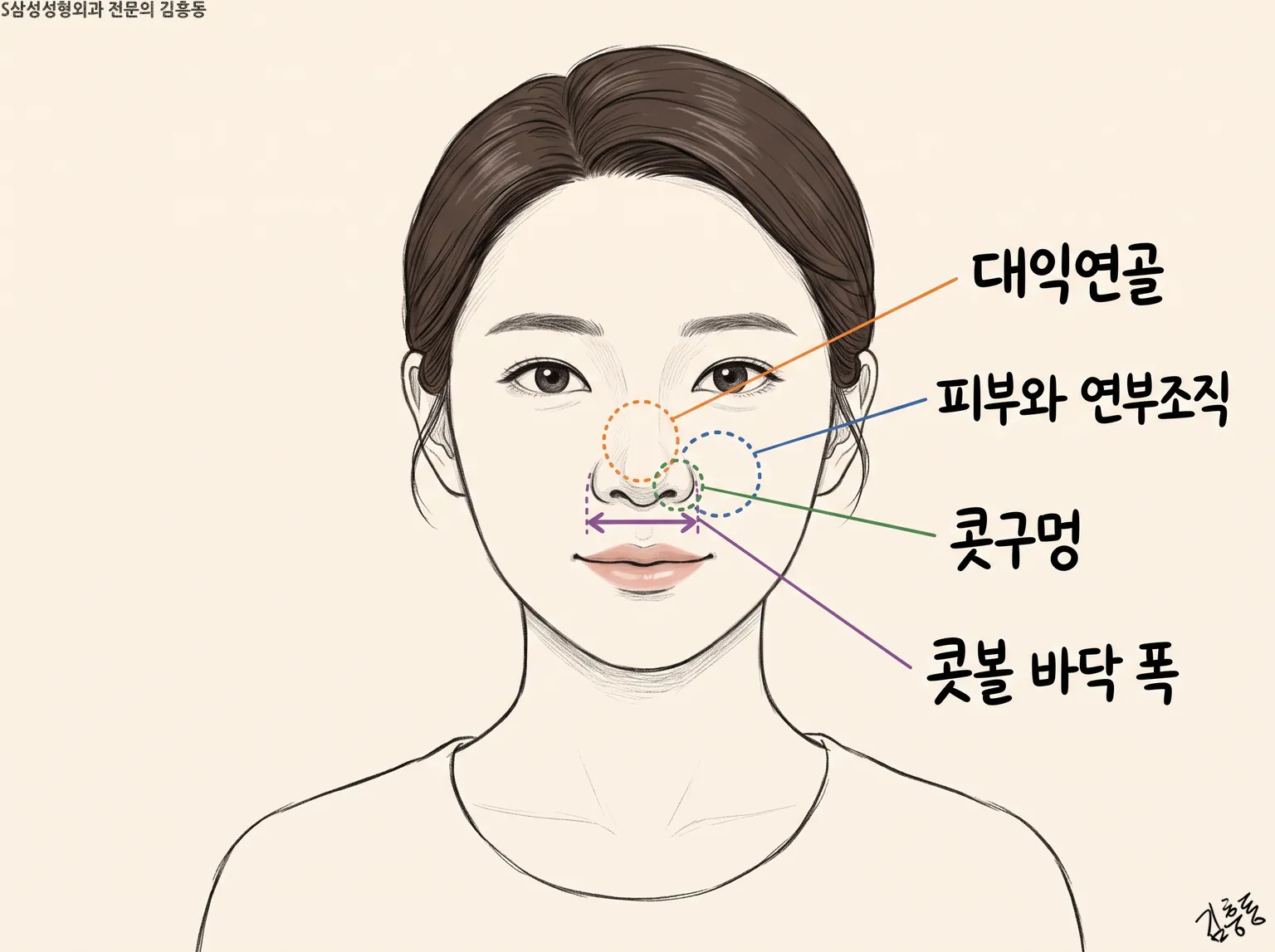 「대익연골」 · 「피부와 연부조직」 · 「콧구멍」 · 「콧볼 바닥 폭」을 색 점선으로 짚은 여성 얼굴 정면 그림
