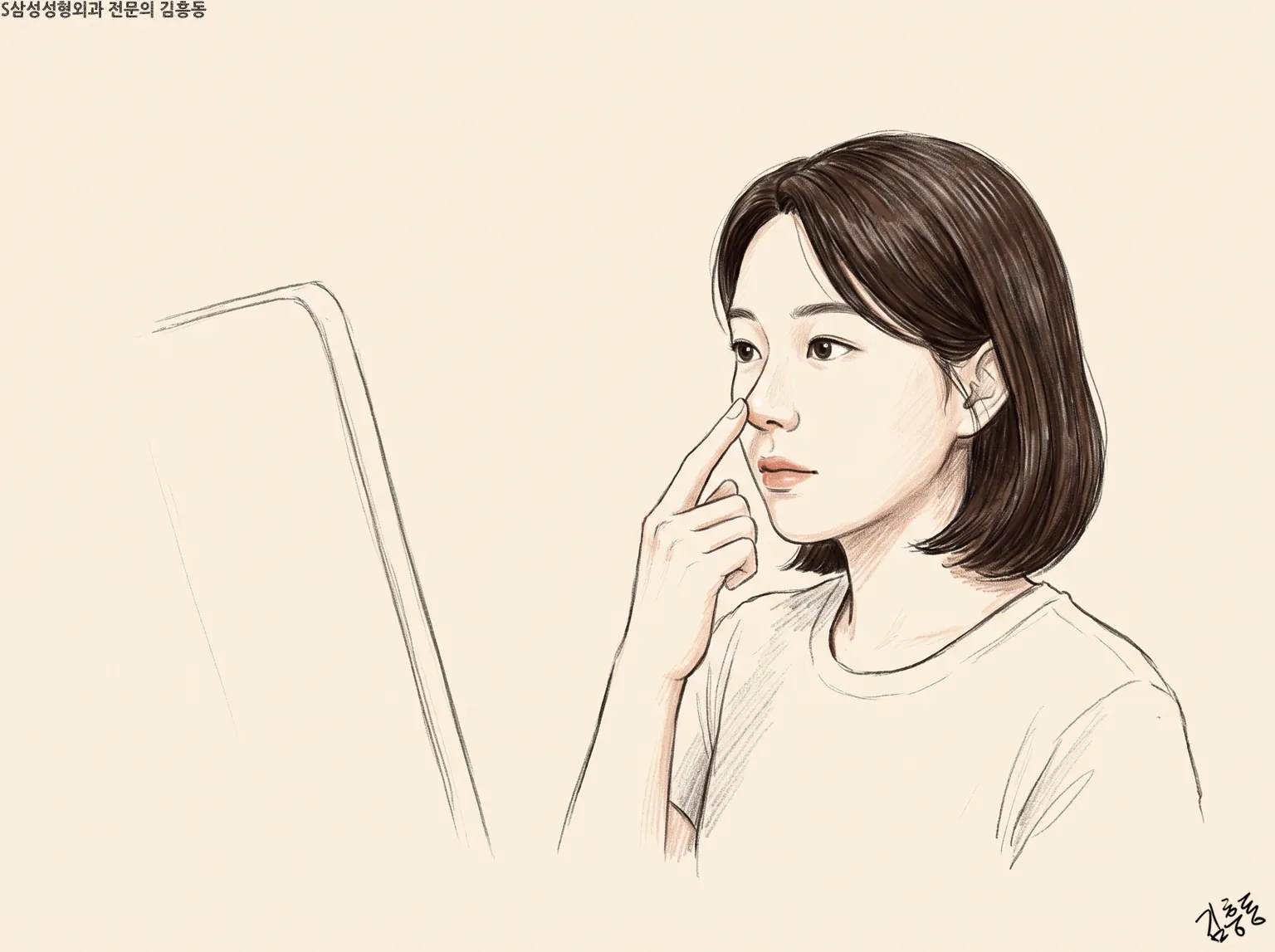 거울 앞에서 검지로 코끝을 살짝 들어 보는 여성의 연필 스케치