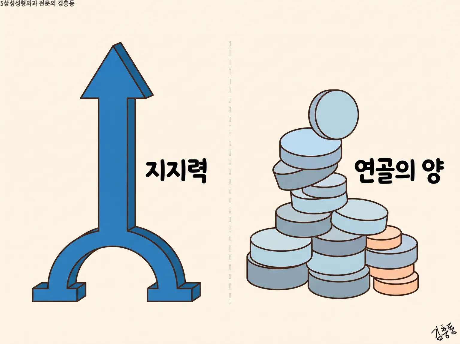 위로 솟은 파란 화살표 「지지력」과 쌓인 원판 더미 「연골의 양」을 나란히 둔 개념 그림