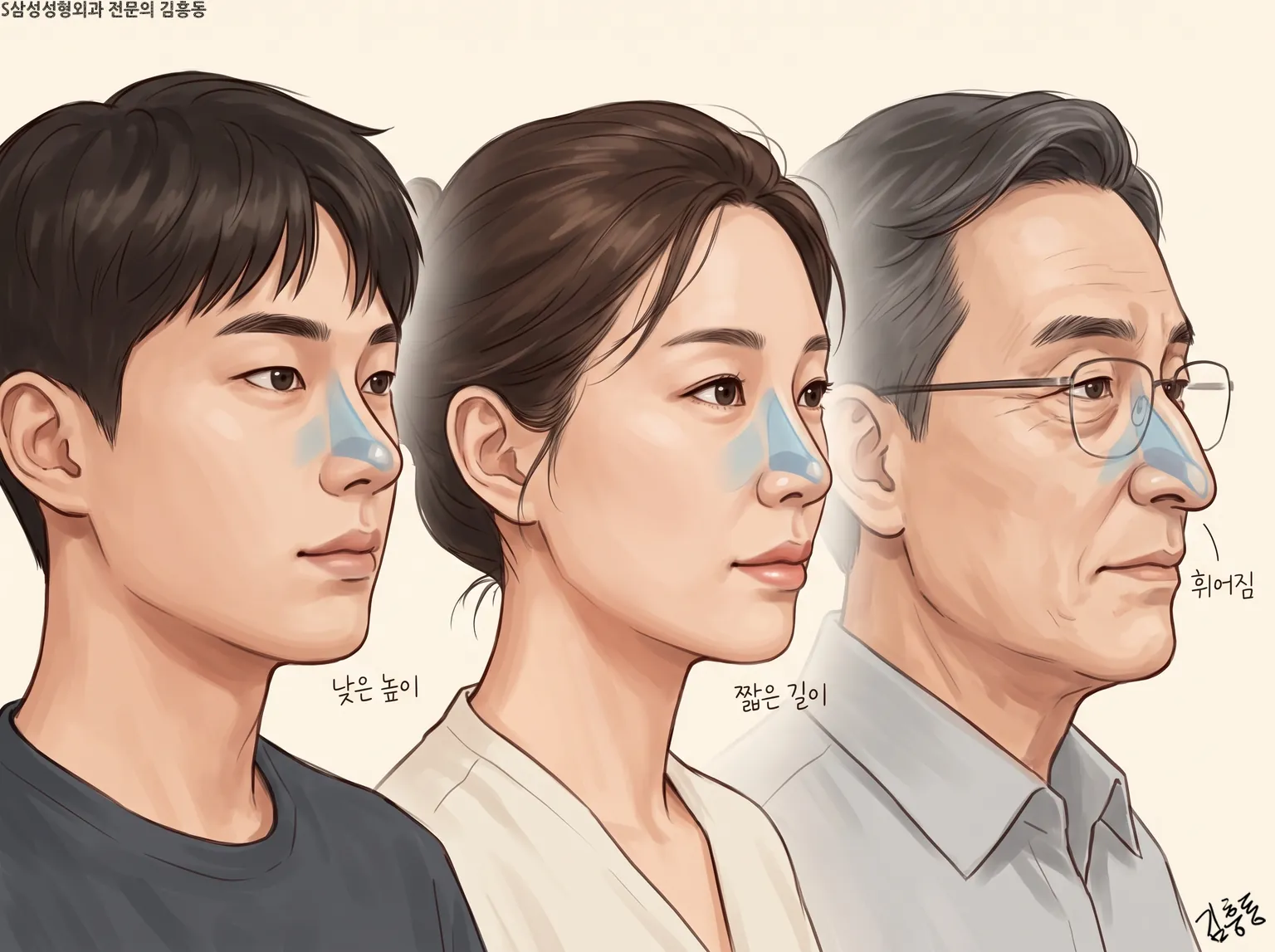 「낮은 높이」 · 「짧은 길이」 · 「휘어짐」 이름표가 붙은, 나이와 성별이 다른 세 사람의 옆얼굴 그림