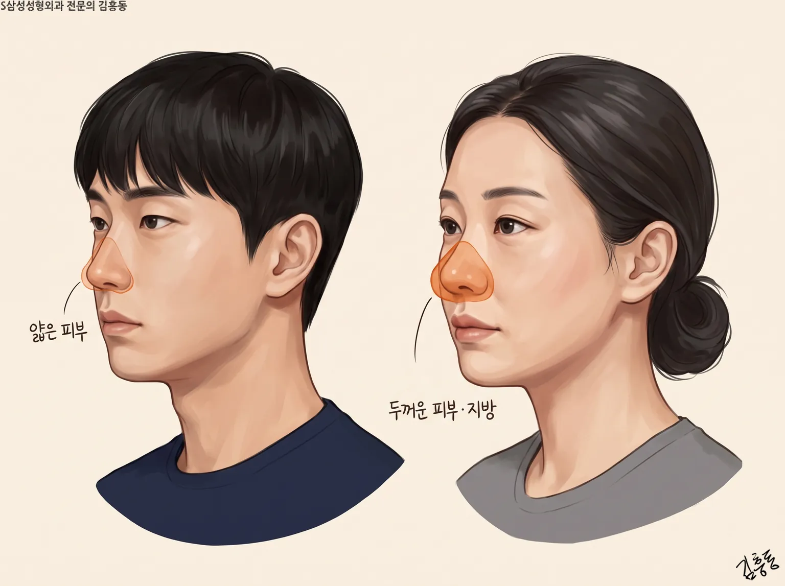 「얇은 피부」 · 「두꺼운 피부·지방」 이름표가 붙은 남녀 두 사람의 비스듬한 옆얼굴 그림