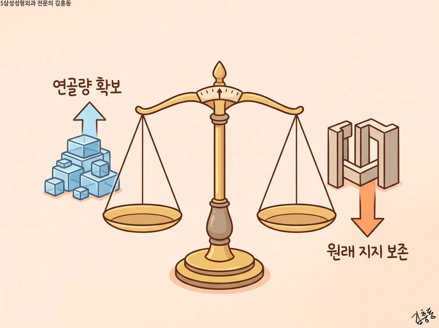 저울 양쪽에 「연골량 확보」 블록과 「원래 지지 보존」 구조물을 둔 균형 개념 그림