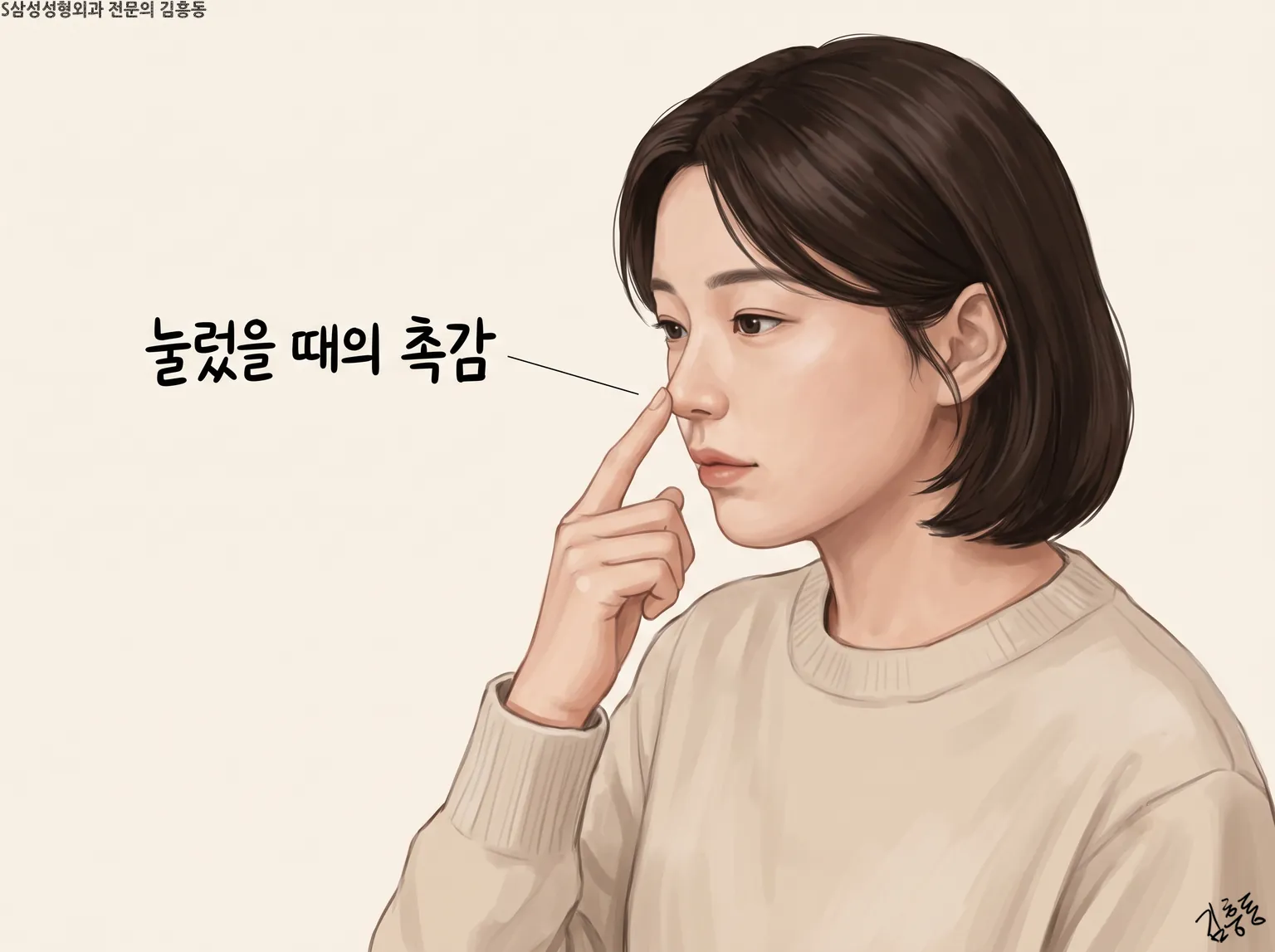 검지로 코끝을 눌러 보는 여성 옆얼굴에 「눌렀을 때의 촉감」이라고 적은 그림