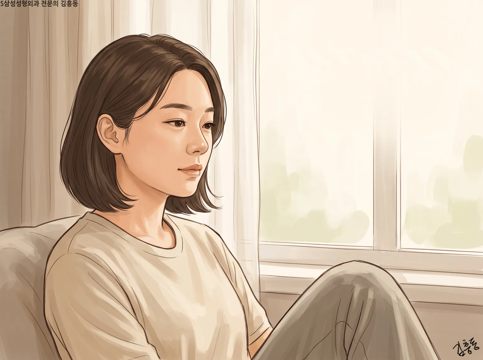 창가 소파에 기대어 쉬며 바깥을 바라보는 여성의 모습