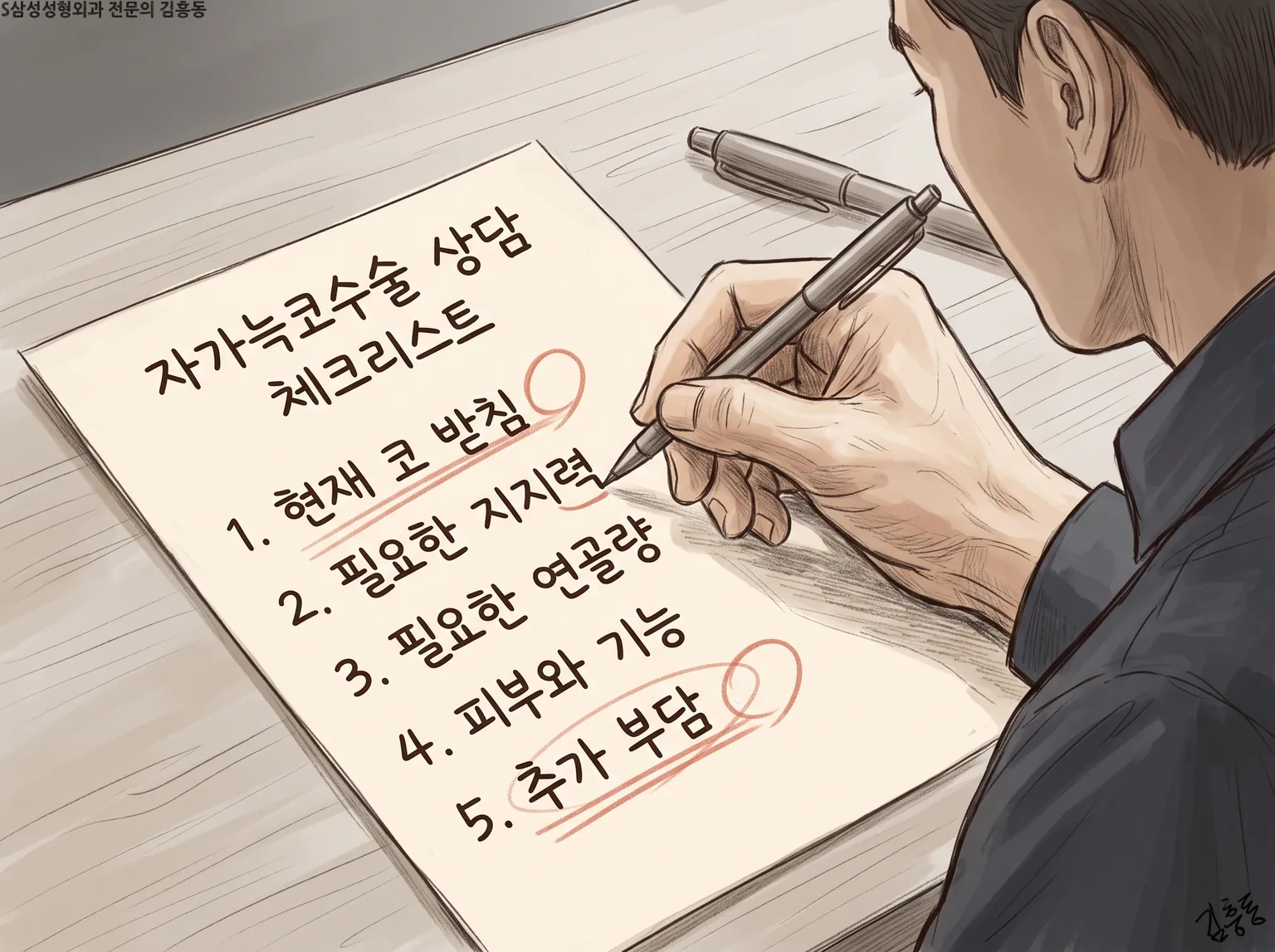 「자가늑코수술 상담 체크리스트」 다섯 줄을 펜으로 적어 내려가는 손 그림