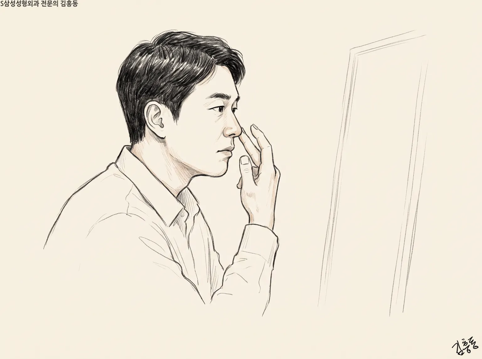 거울 앞에서 손끝으로 코 옆을 만져 보는 남성의 연필 스케치