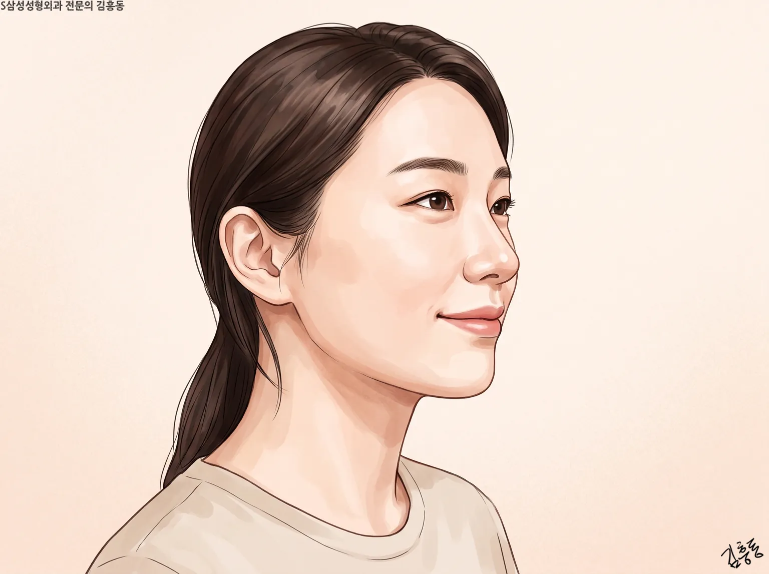 이름표나 표시 없이 미소 지으며 옆을 바라보는 여성의 평온한 옆얼굴 모습