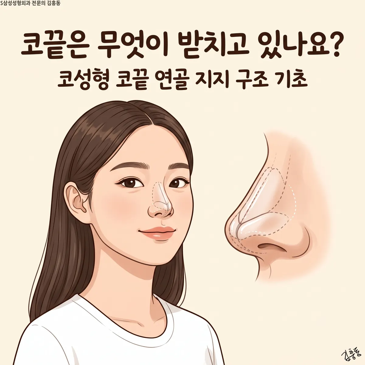 「코끝은 무엇이 받치고 있나요?」라는 제목이 적힌, 여성 얼굴과 연골 윤곽을 점선으로 그린 코 옆모습 그림