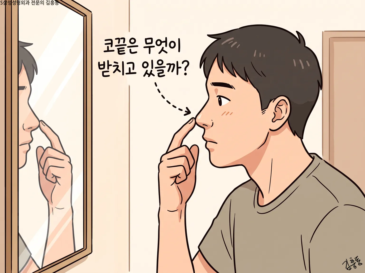 거울 앞에서 손가락으로 코끝을 짚으며 「코끝은 무엇이 받치고 있을까?」 생각하는 남성 그림