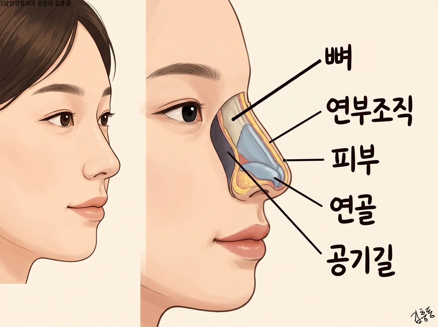 뼈 · 연부조직 · 피부 · 연골 · 공기길 이름표가 붙은, 여성 옆얼굴의 코 층 단면 그림