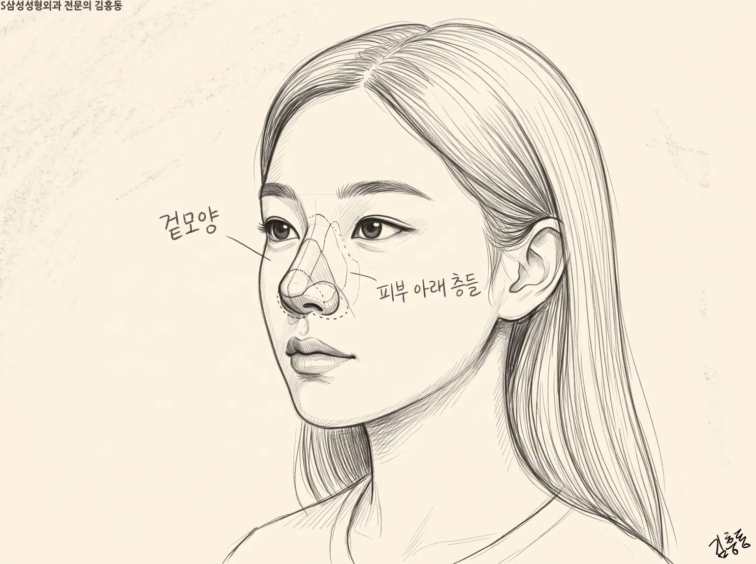 겉모양과 피부 아래 층들 이름표가 붙은, 코 속 층을 점선으로 나눈 여성 얼굴 연필 스케치 그림