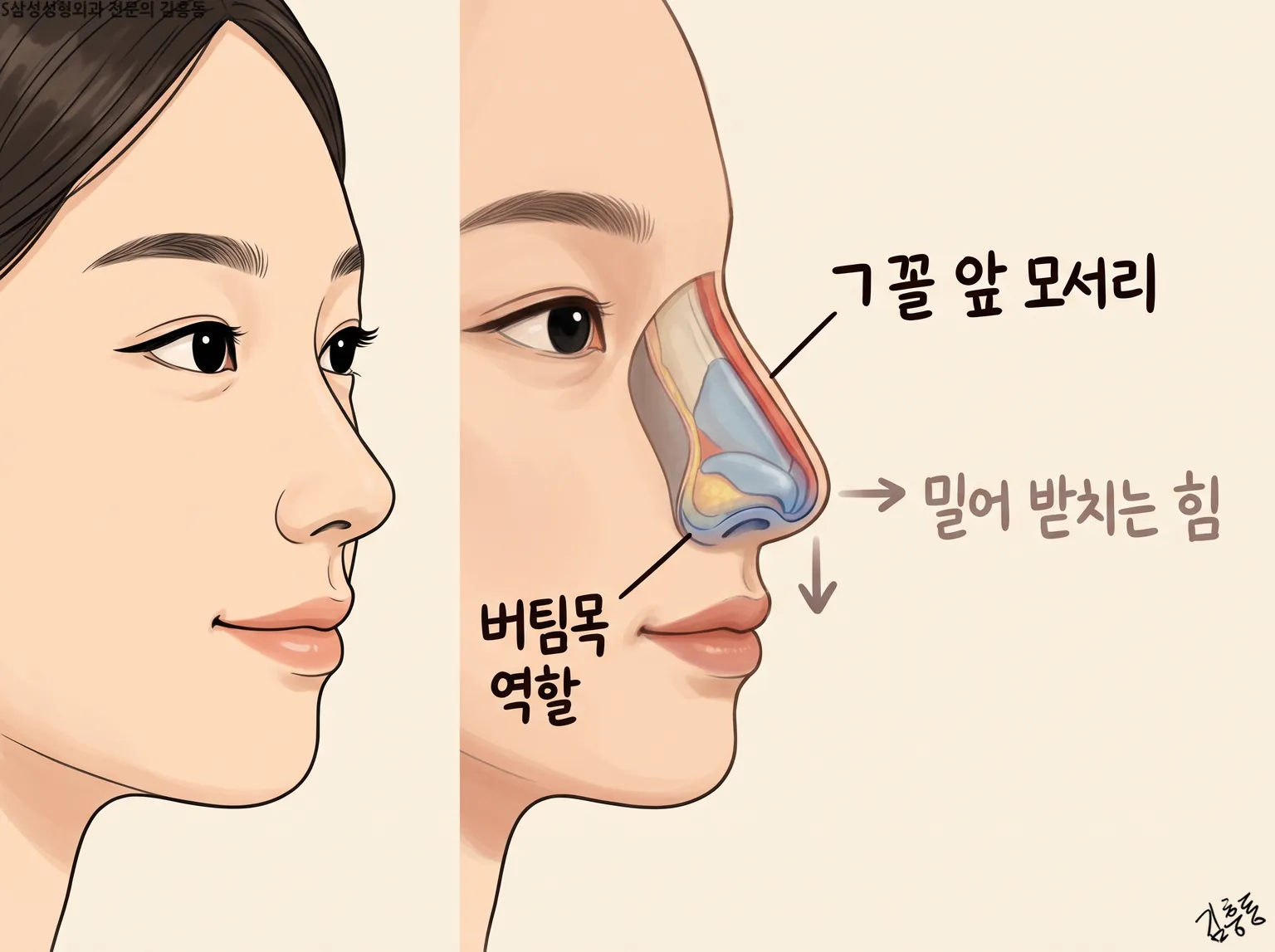 ㄱ꼴 앞 모서리 · 버팀목 역할 · 밀어 받치는 힘 화살표를 표시한 코 옆 단면 그림