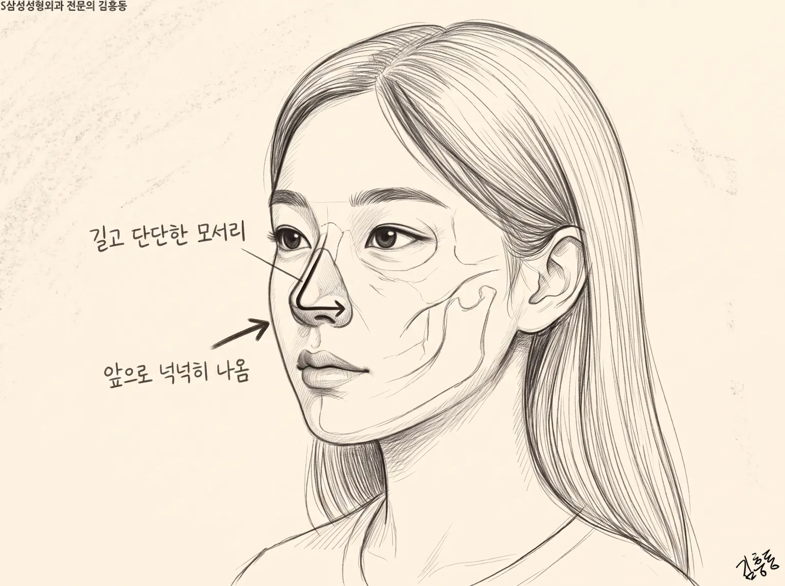 길고 단단한 모서리와 앞으로 넉넉히 나옴 글자를 적은 여성 얼굴 연필 스케치 그림