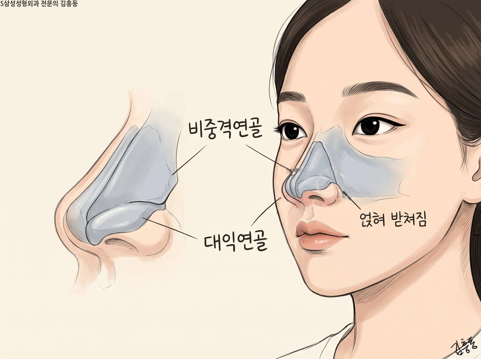 비중격연골 위에 대익연골이 「얹혀 받쳐짐」을 표시한 코 옆 구조와 여성 얼굴 그림