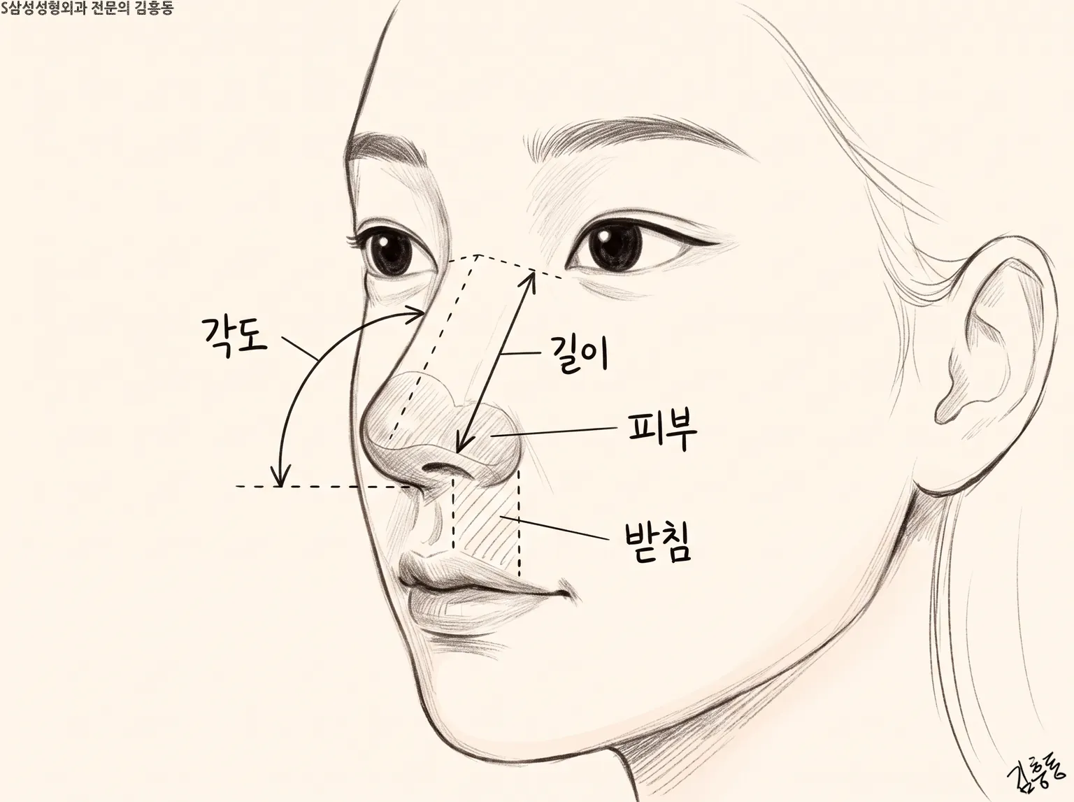 각도 · 길이 · 피부 · 받침 이름표로 코끝을 나누어 본 여성 얼굴 연필 스케치 그림