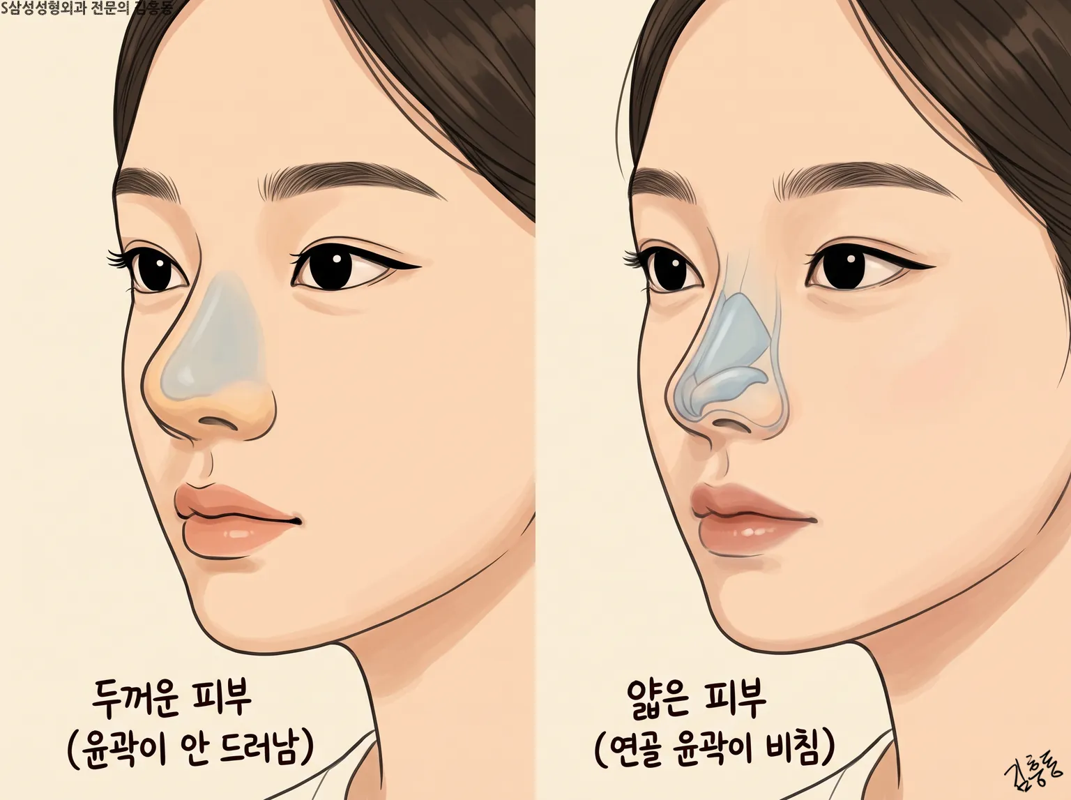 두꺼운 피부(윤곽이 안 드러남)와 얇은 피부(연골 윤곽이 비침)를 견준 두 여성 얼굴 그림