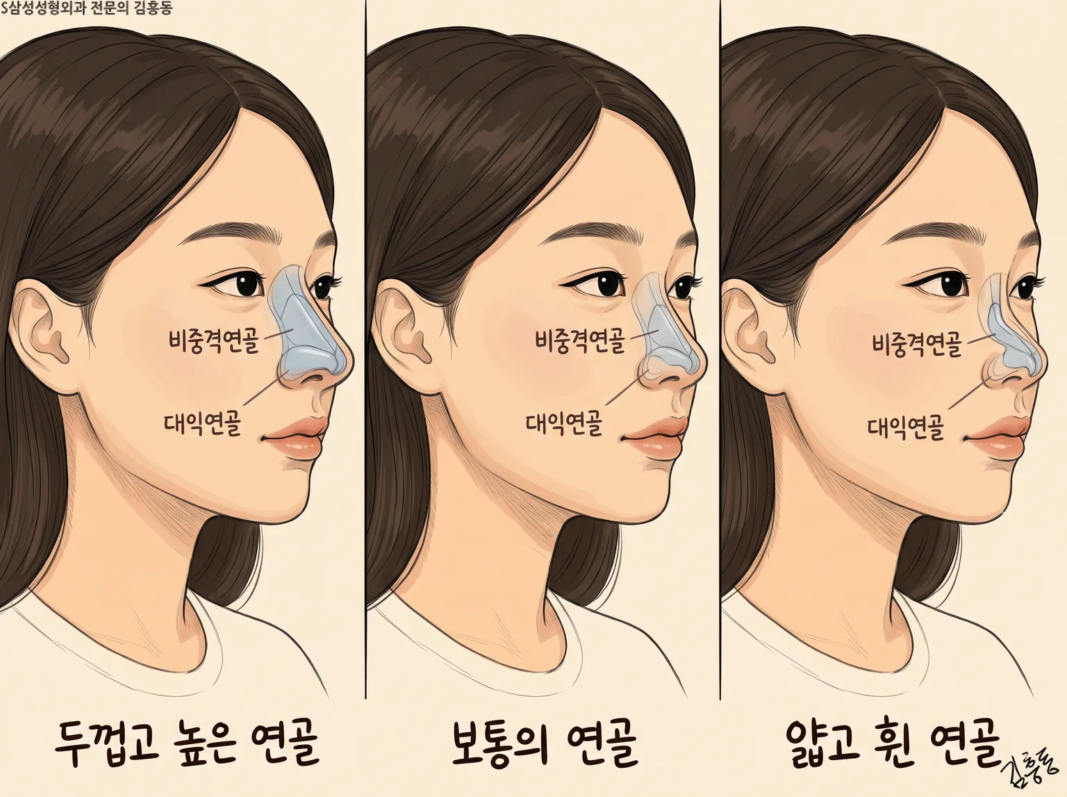 두껍고 높은 연골 · 보통의 연골 · 얇고 휜 연골로 세 여성의 코 연골을 나란히 그린 그림